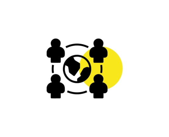 icon of four people around a land with a yellow circle